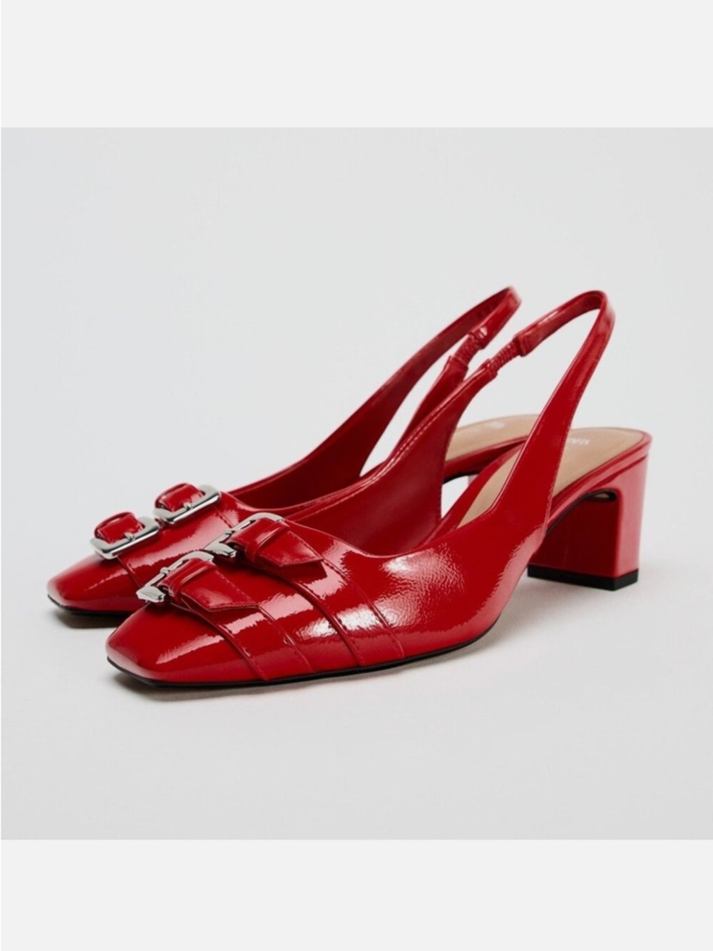 Zara Red Buckle Block Heel Slingback - Size 40